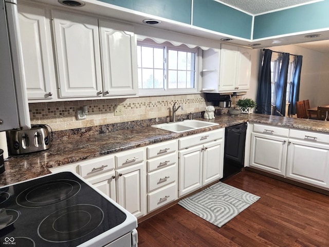 kitchen featuring white cabinetry, white electric range oven, dishwasher, and sink