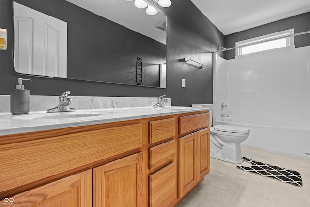 full bathroom with vanity, bathtub / shower combination, and toilet