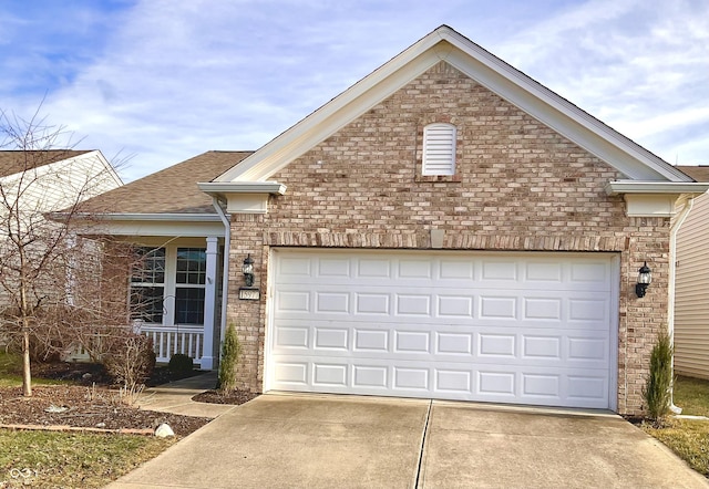 single story home featuring brick siding, concrete driveway, a shingled roof, and a garage