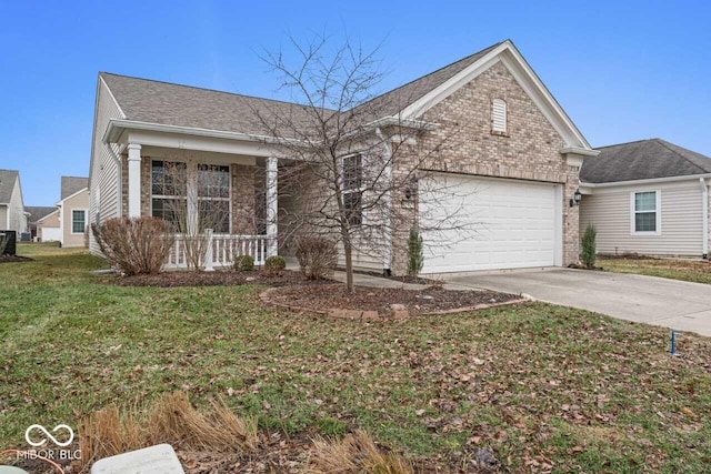 single story home with brick siding, a front lawn, concrete driveway, covered porch, and an attached garage