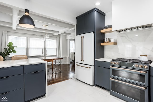 kitchen featuring high end white refrigerator, beamed ceiling, double oven range, pendant lighting, and backsplash