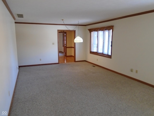 empty room featuring ornamental molding and carpet floors