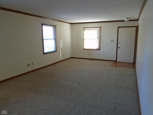 carpeted spare room with crown molding and a healthy amount of sunlight