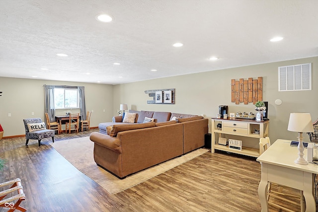 living room featuring wood-type flooring and a textured ceiling