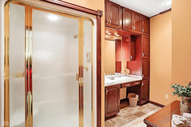 bathroom featuring vanity and walk in shower