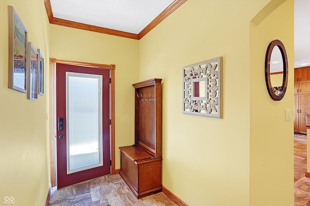 doorway to outside featuring crown molding