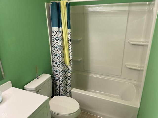 full bathroom featuring vanity, toilet, and shower / bathtub combination with curtain