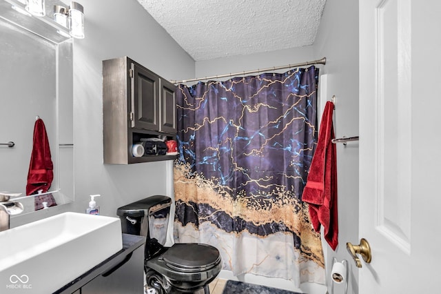 bathroom with toilet, sink, a textured ceiling, and a shower with shower curtain