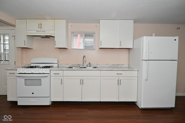 kitchen with white cabinetry, sink, and white appliances