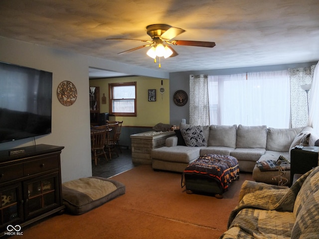 living area with a ceiling fan