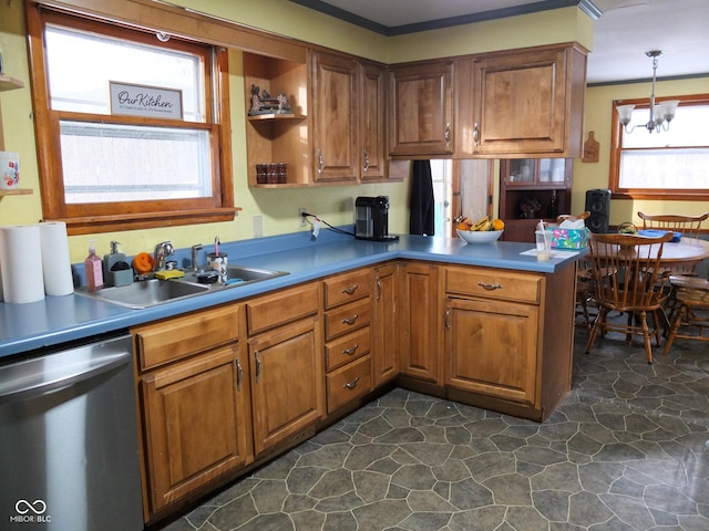 kitchen with sink, an inviting chandelier, decorative light fixtures, dishwasher, and kitchen peninsula