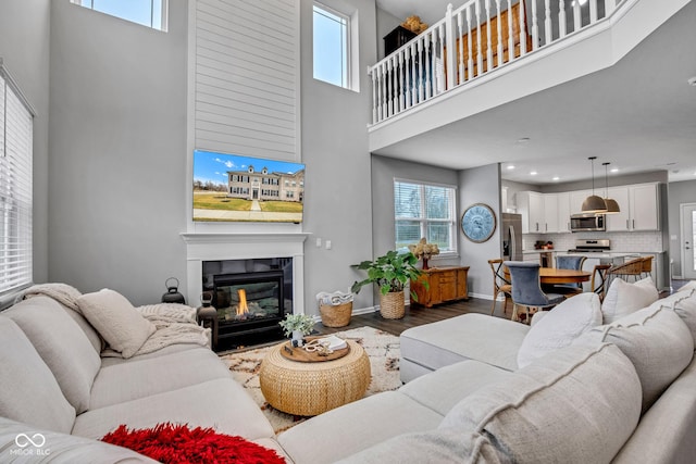 living room featuring dark hardwood / wood-style flooring and a high ceiling