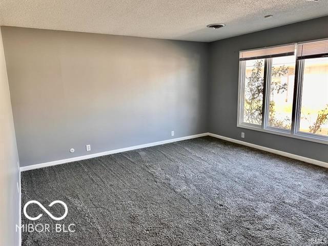 spare room featuring a textured ceiling and dark carpet