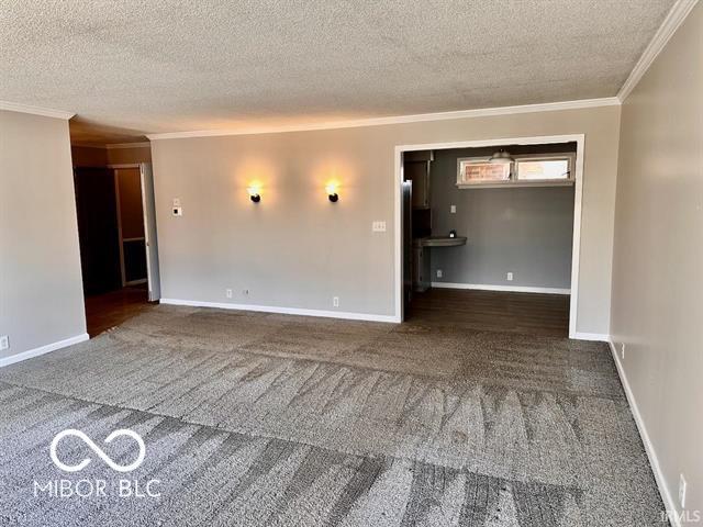 carpeted spare room with crown molding and a textured ceiling