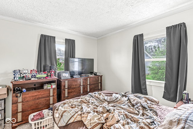 carpeted bedroom featuring crown molding and a textured ceiling