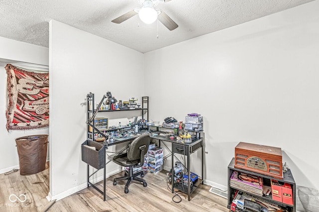 office featuring wood-type flooring, ceiling fan, and a textured ceiling