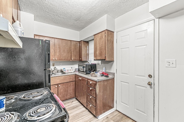 kitchen with sink, light hardwood / wood-style flooring, a textured ceiling, and black appliances