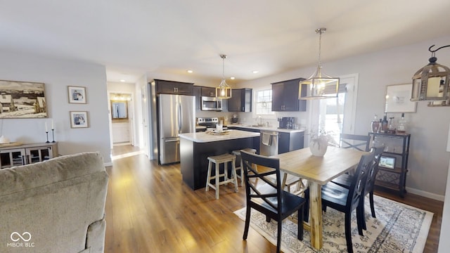 dining space featuring wood-type flooring and sink