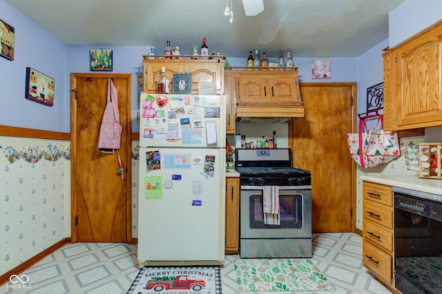 kitchen featuring white refrigerator, stainless steel gas range oven, black dishwasher, and premium range hood