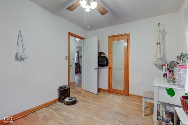 interior space with light hardwood / wood-style floors and ceiling fan