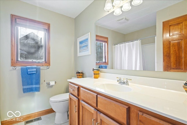 full bath featuring tile patterned flooring, visible vents, toilet, and vanity