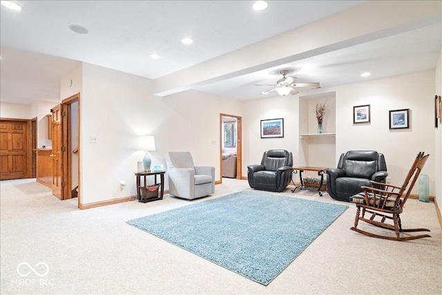 carpeted living room with recessed lighting, baseboards, and a ceiling fan