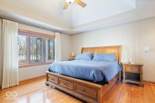 bedroom featuring light wood-type flooring, baseboards, and ceiling fan