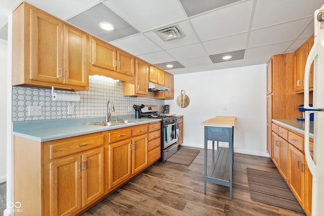 kitchen featuring dark hardwood / wood-style floors, a paneled ceiling, tasteful backsplash, sink, and gas stove