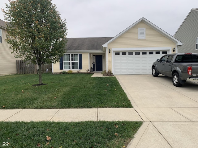 single story home featuring a garage and a front yard