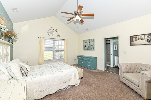 bedroom with lofted ceiling, light carpet, and ceiling fan