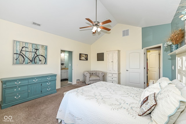 carpeted bedroom featuring ceiling fan, ensuite bath, and high vaulted ceiling