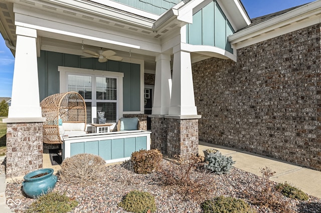 exterior space with ceiling fan