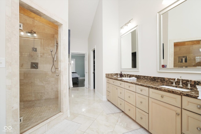 bathroom with vanity and a shower with shower door