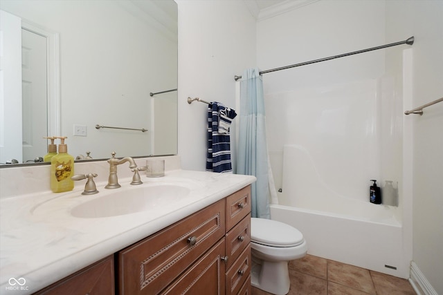 full bathroom with tile patterned flooring, vanity, shower / tub combo, toilet, and crown molding