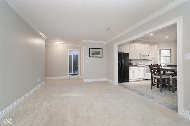 carpeted living room featuring crown molding