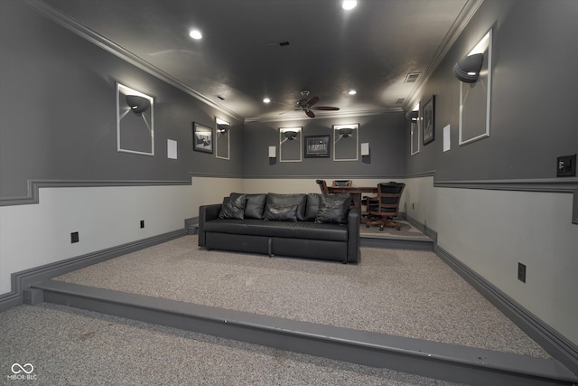 home theater featuring crown molding and ceiling fan