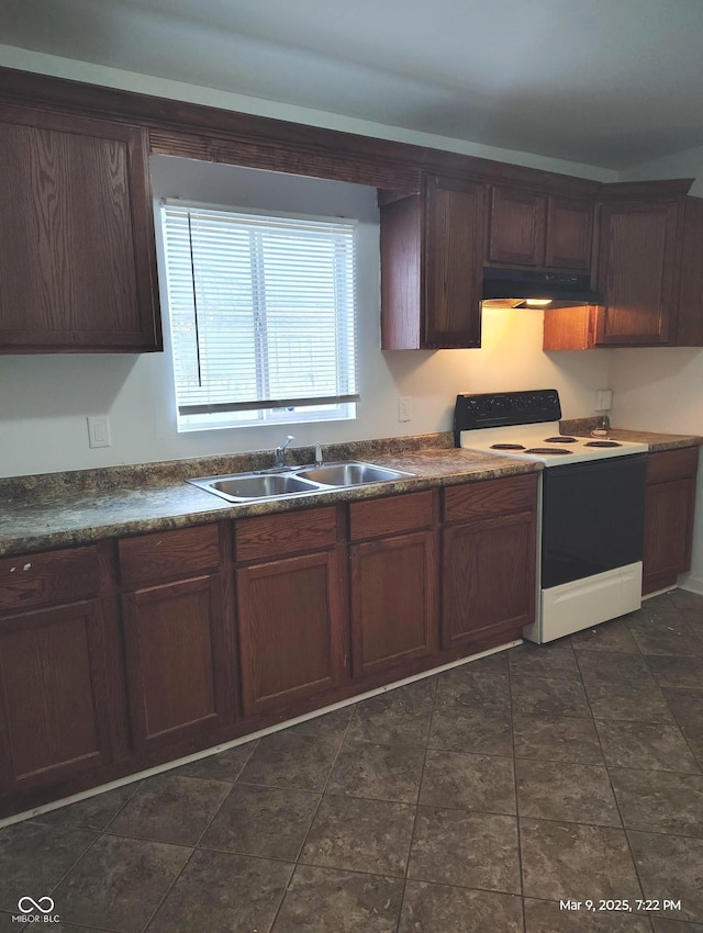 kitchen with a sink, dark countertops, range with electric stovetop, and under cabinet range hood