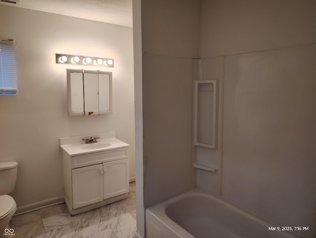 bathroom with visible vents, toilet, marble finish floor, baseboards, and vanity