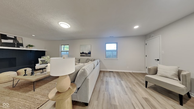 living room featuring light hardwood / wood-style floors and a textured ceiling