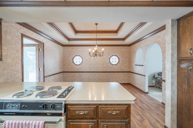 kitchen featuring white electric range, hanging light fixtures, ornamental molding, dark hardwood / wood-style floors, and a raised ceiling