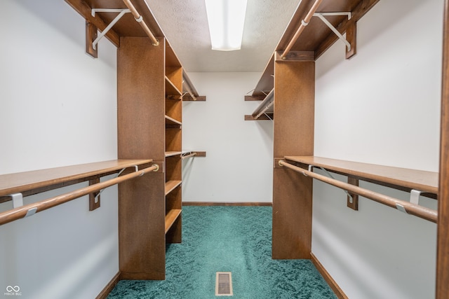 walk in closet featuring dark carpet