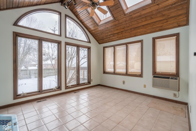 interior space featuring ceiling fan, a skylight, high vaulted ceiling, and light tile patterned floors