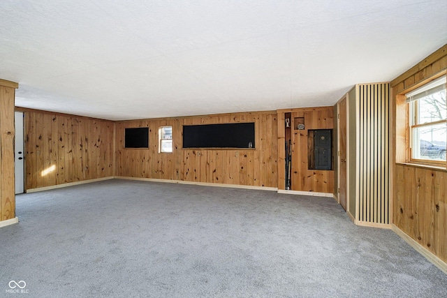 carpeted spare room with wooden walls