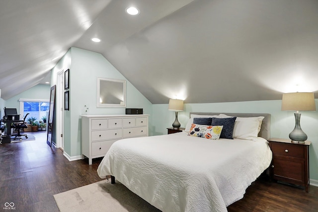 bedroom with dark wood-type flooring, recessed lighting, vaulted ceiling, and baseboards