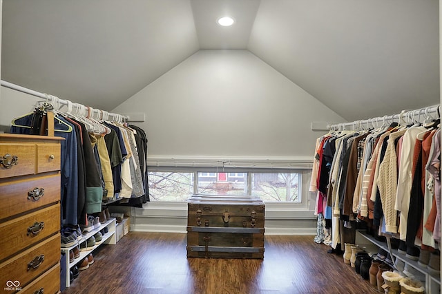 spacious closet with lofted ceiling and wood finished floors