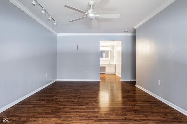 unfurnished room with ceiling fan, ornamental molding, dark hardwood / wood-style floors, and rail lighting