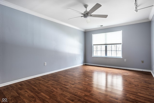 empty room with ceiling fan, ornamental molding, dark hardwood / wood-style floors, and track lighting