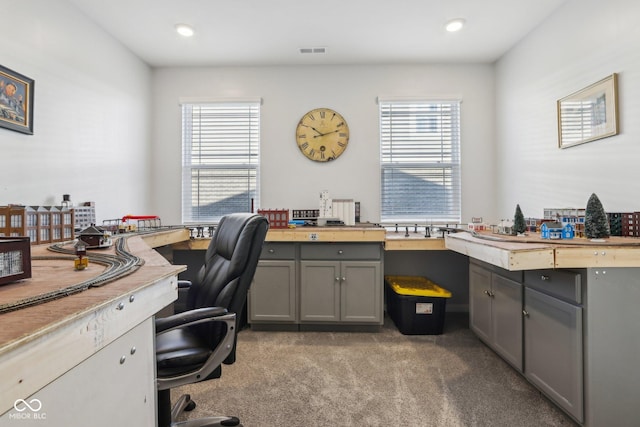 home office featuring plenty of natural light and light colored carpet