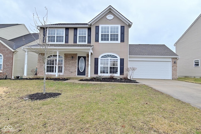 traditional home featuring a garage, brick siding, driveway, and a front lawn