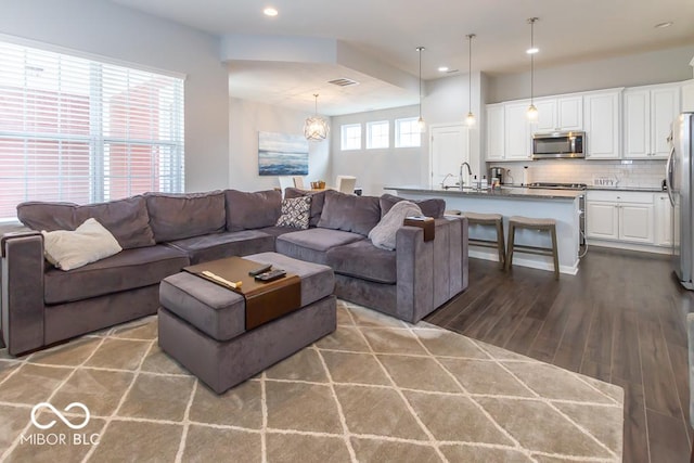 living room with dark hardwood / wood-style flooring and sink